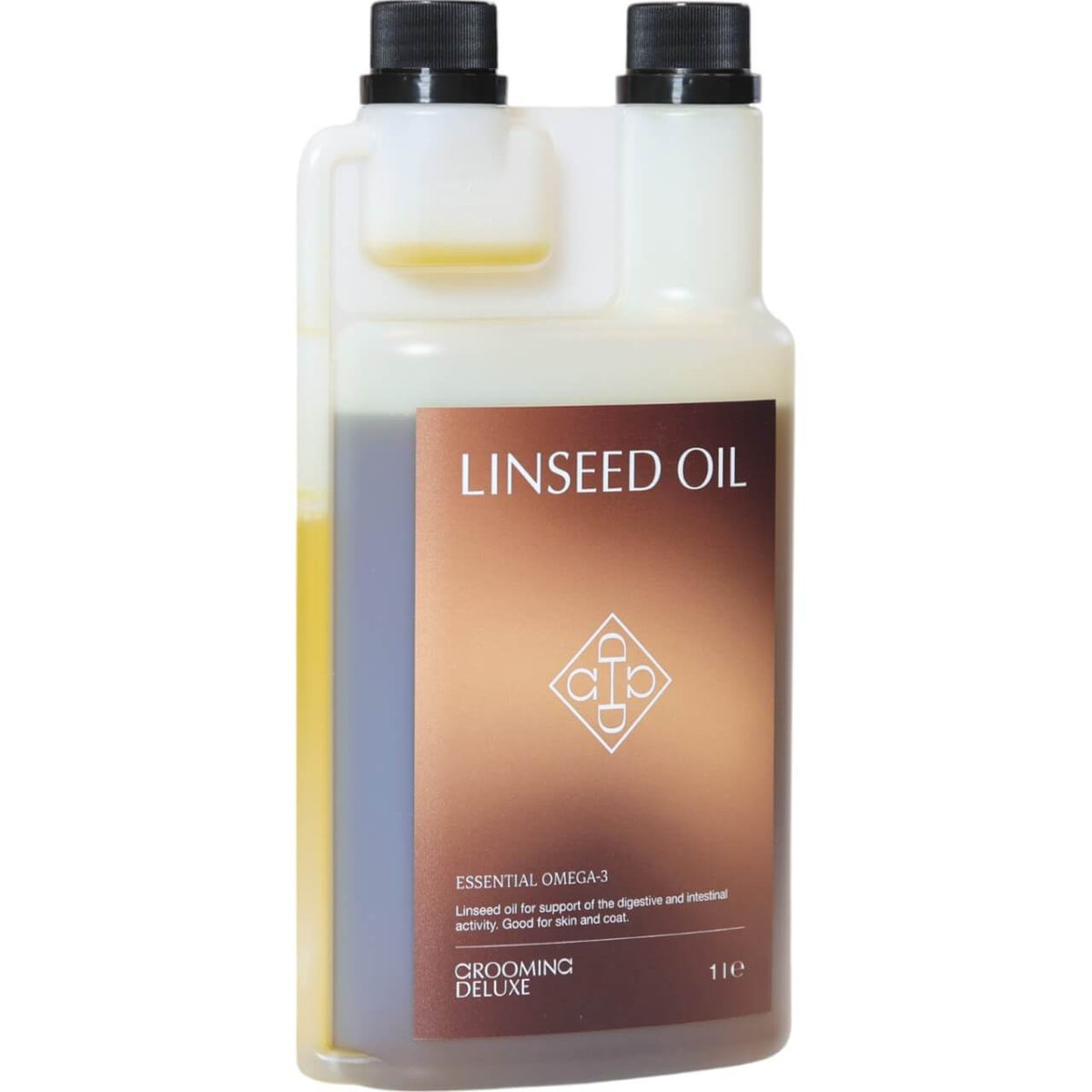 Grooming Deluxe Leinöl Ergänzungsfuttermittel für Pferde, 1 l, Produkt allein auf weißem Hintergrund.