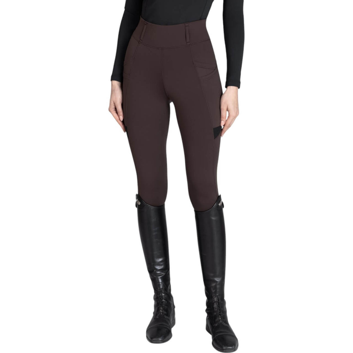 Reitleggings Damen Full-Grip Tech Damenreitleggings, Chocolate, Person trägt das Produkt.