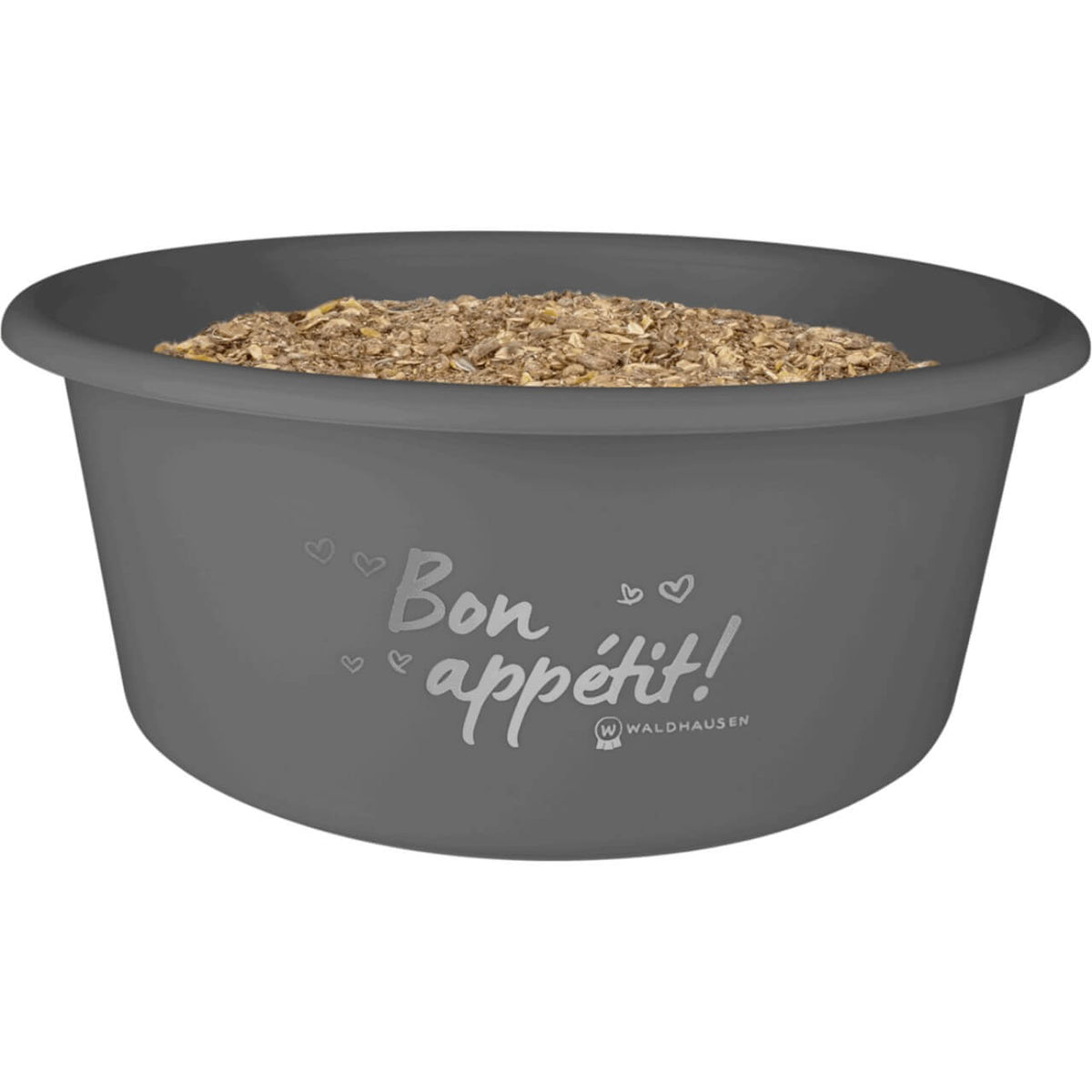 Waldhausen Müsli-Schale mit Deckel Futterschüssel, Grau, Produkt allein mit Futterfüllung.