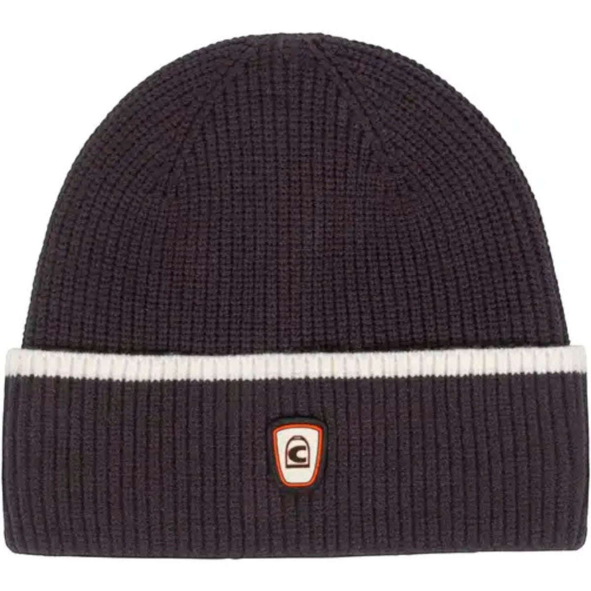 Mütze Unisex Cavallotus Premium Capsule HW 2025 Strickmütze, Espresso, Produkt allein mit Kontraststreifen und Logo.