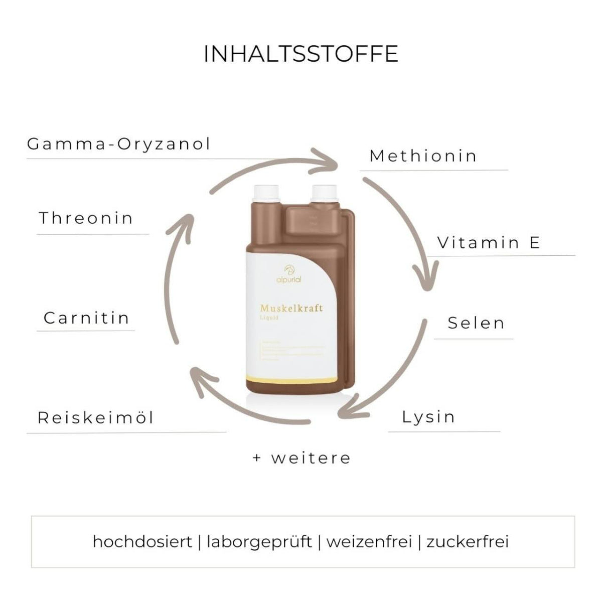 Muskelkraft Zusatzfutter Ergänzungsfuttermittel, braune Flasche, Produkt allein mit Inhaltsstoffen im Überblick.