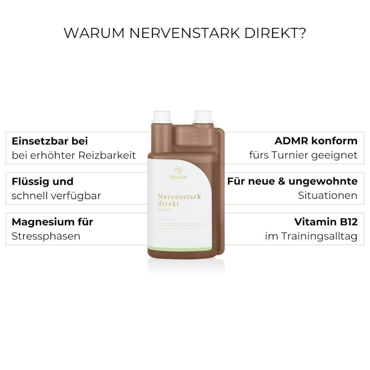 Alpurial Nervenstark Direkt Zusatzfutter Ergänzungsfuttermittel, braun, Produkt allein mit Textinfos.