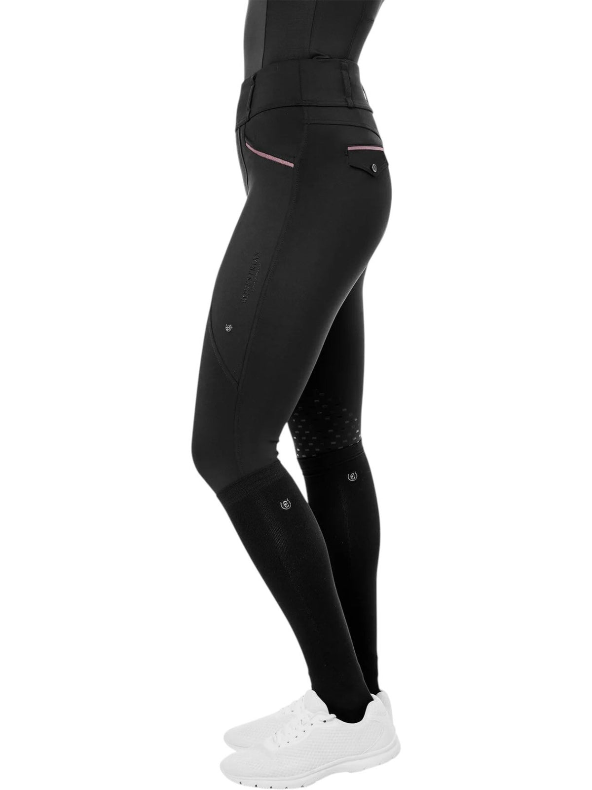 Reitleggings Damen Full-Grip Premium Black Pink Glimmer Vollbesatz