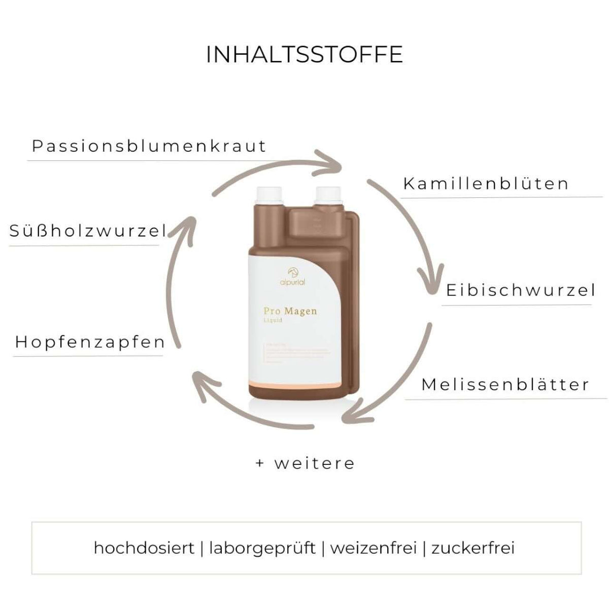Alpurial Pro Magen Zusatzfutter Ergänzungsfuttermittel, Produkt allein mit Inhaltsstoffen dargestellt.