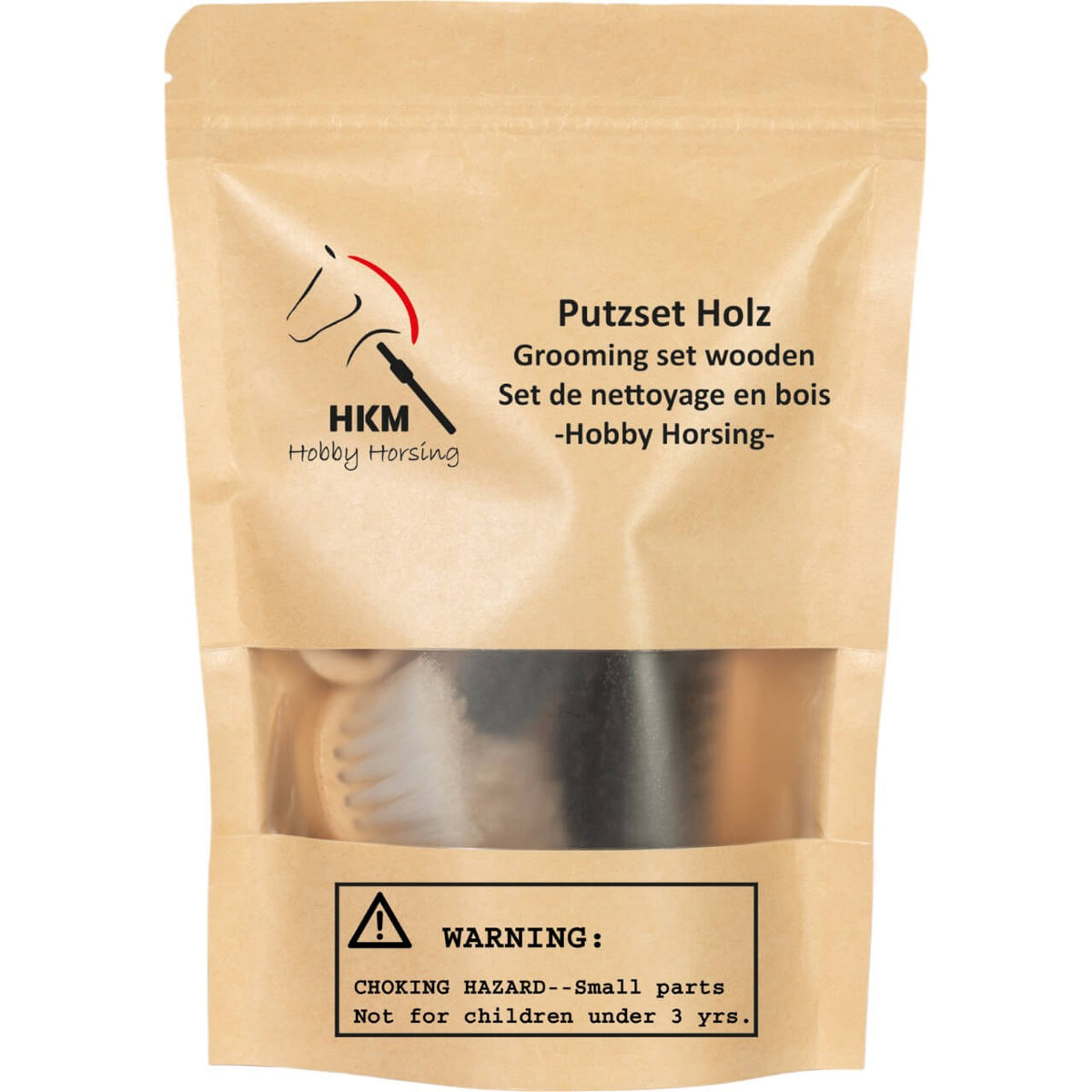 HKM Kids Putzset Holz Hobby Horsing, Produkt allein in Verpackung auf weißem Hintergrund.