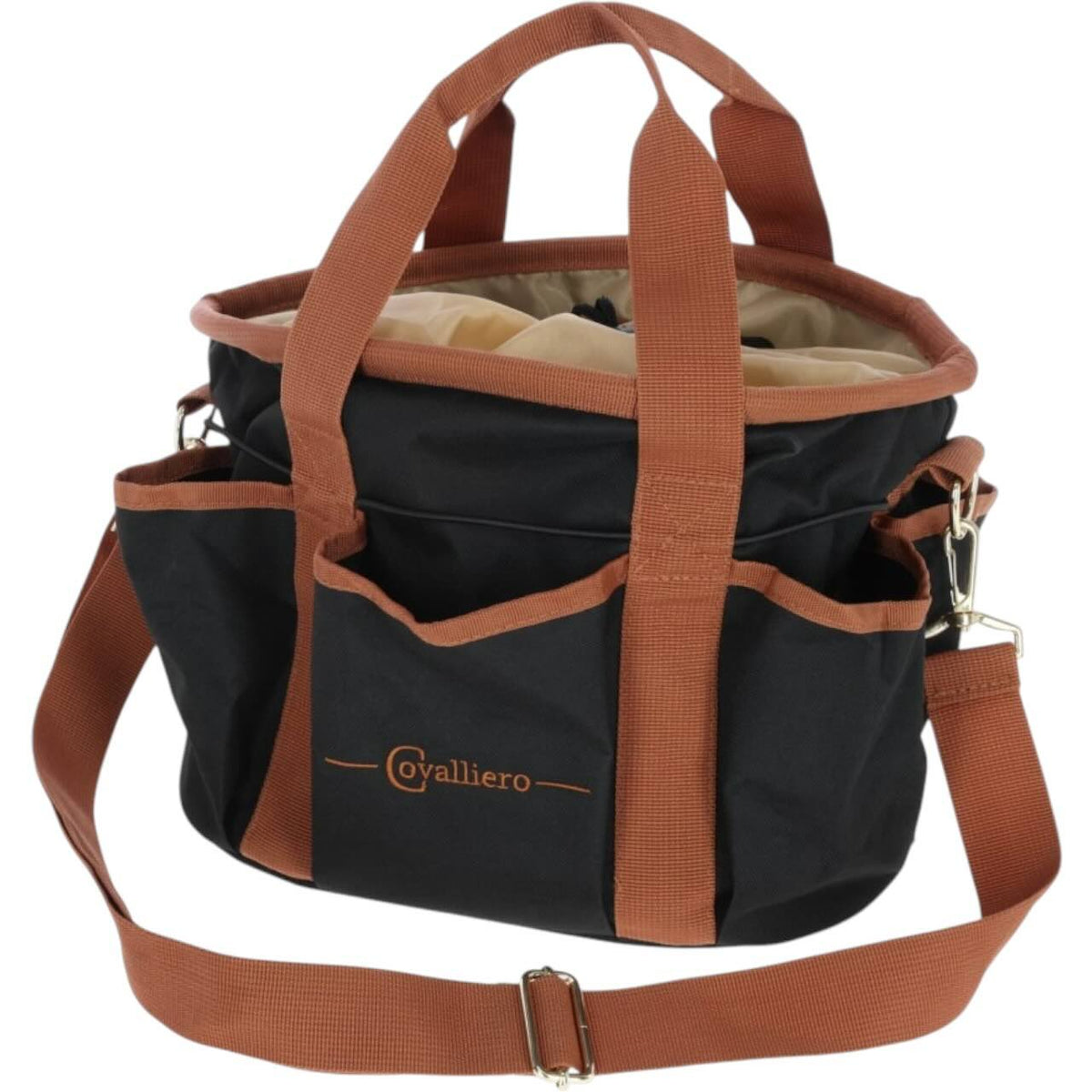 Covalliero Putztasche Grooming Bag, Cognac/Schwarz, Produkt allein auf weißem Hintergrund.