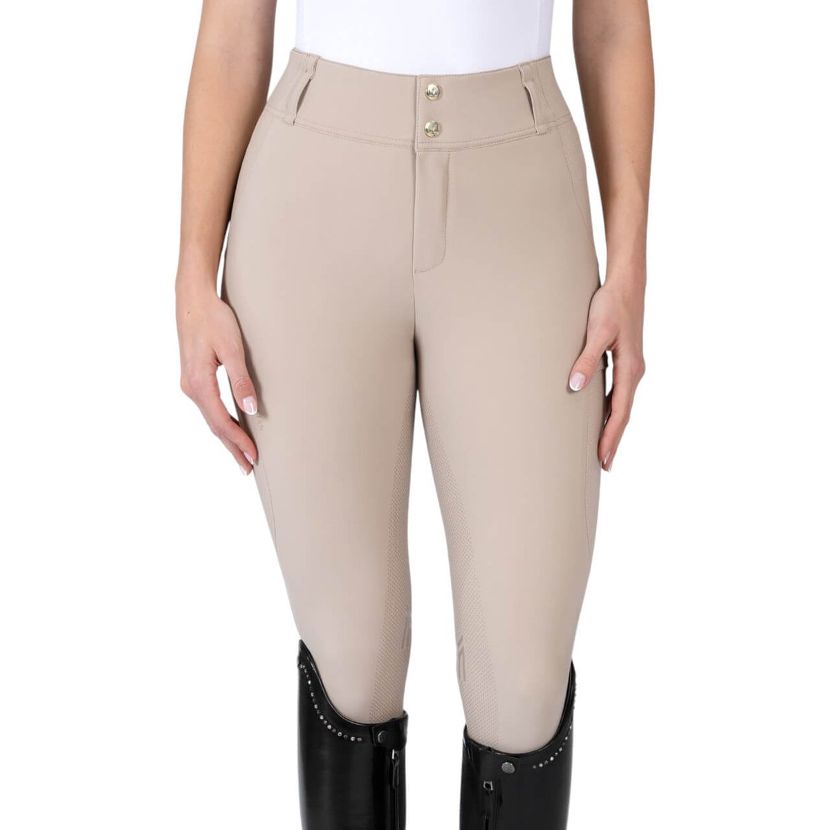 Reithose Damen Full-Grip Aero Hose, Beige, an einer Person getragen.