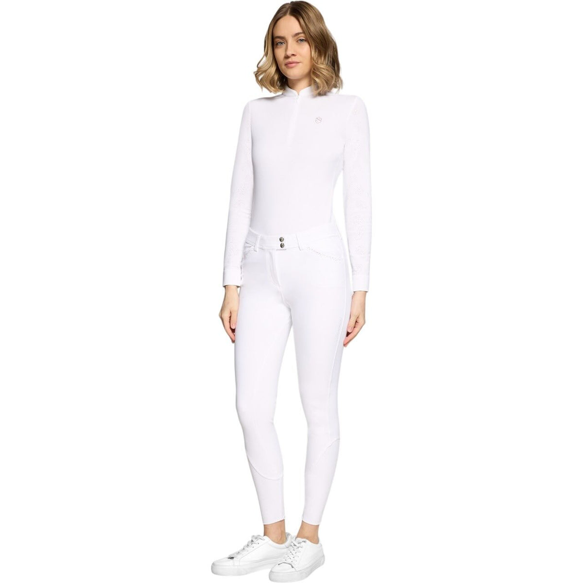 Samshield Reithose Damen Full-Grip Celeste FS 2026 Damenreithose, White, Person trägt das Produkt.
