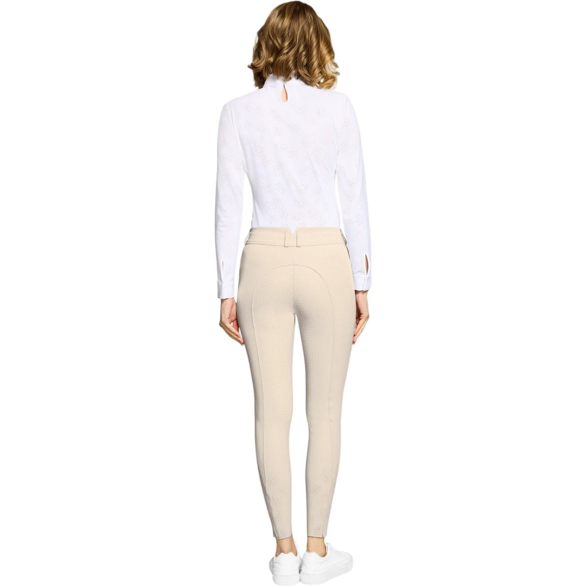Reithose Damen Full-Grip Delice Crystal Ferna FS 2026 Damenreithose, Beige, Person trägt die Hose von hinten.
