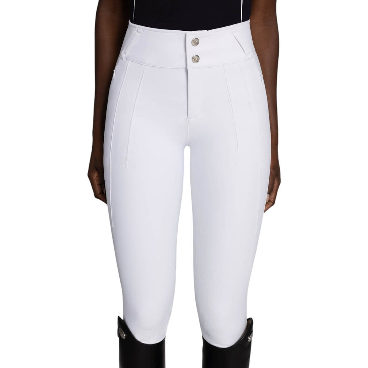 Reithose Damen Full-Grip Vision Hose, White, an Person getragen, Detailaufnahme.