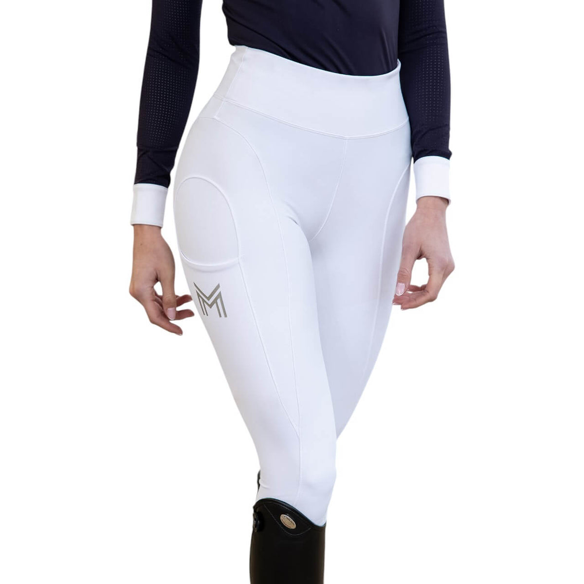 Reitleggings Damen Full-Grip Outline Damenreitleggings, Weiß, Person trägt das Produkt.