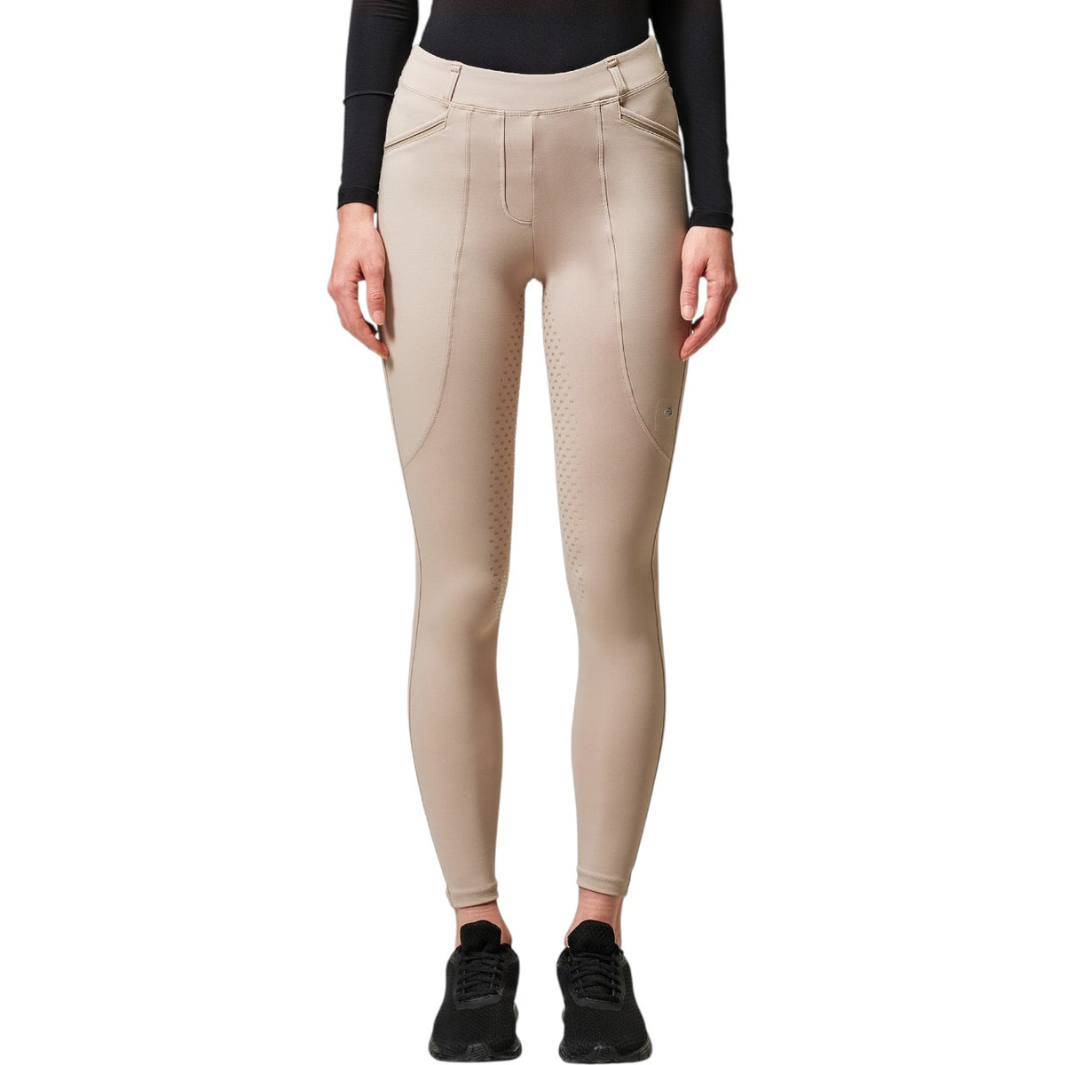 Reitleggings Damen Knee-Grip Premium Leggings, Beige, an einer Person getragen.
