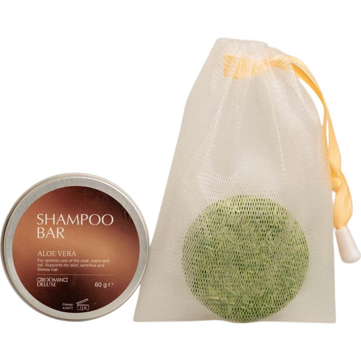 Grooming Deluxe Shampoo Bar Pferdeshampoo Aloe Vera, 60 g, Produkt mit Netzbeutel.
