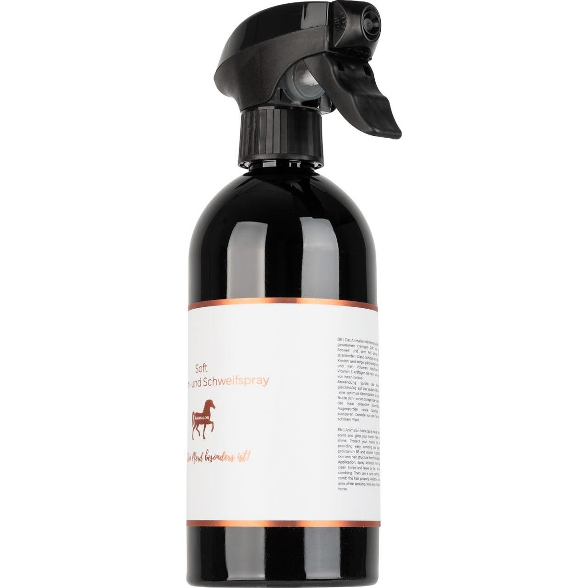 Animalon Soft Mähnen- und Schweifspray, schwarzer Sprühflasche, Produkt allein auf weißem Hintergrund.