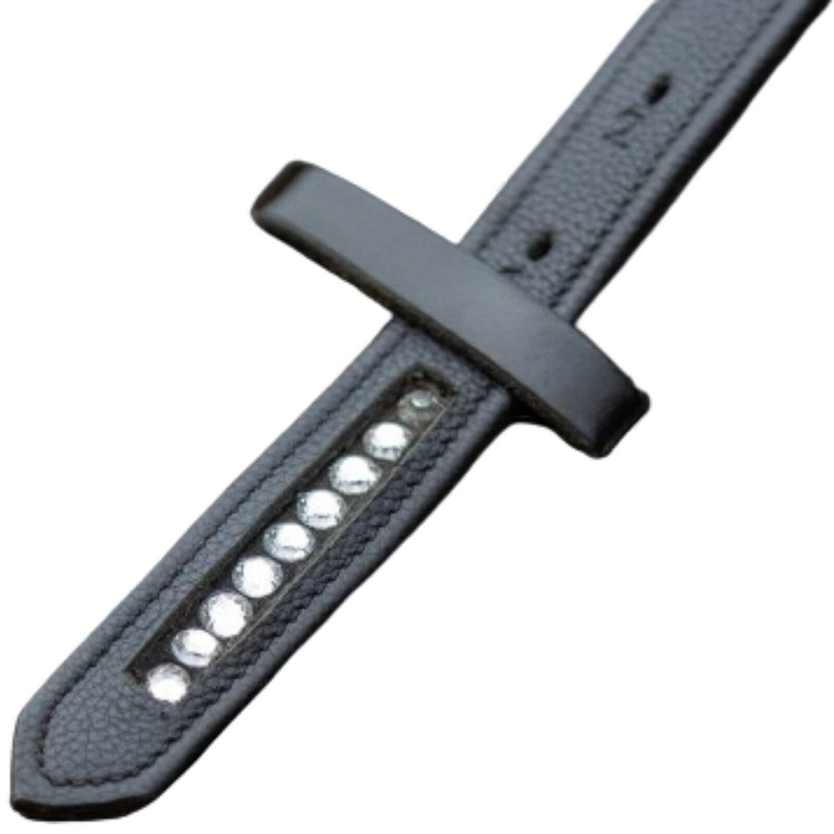 Steigbügelriemen Sparkle Ledersteigbügelriemen, Schwarz, Detailaufnahme des Riemens mit Steigbügel.