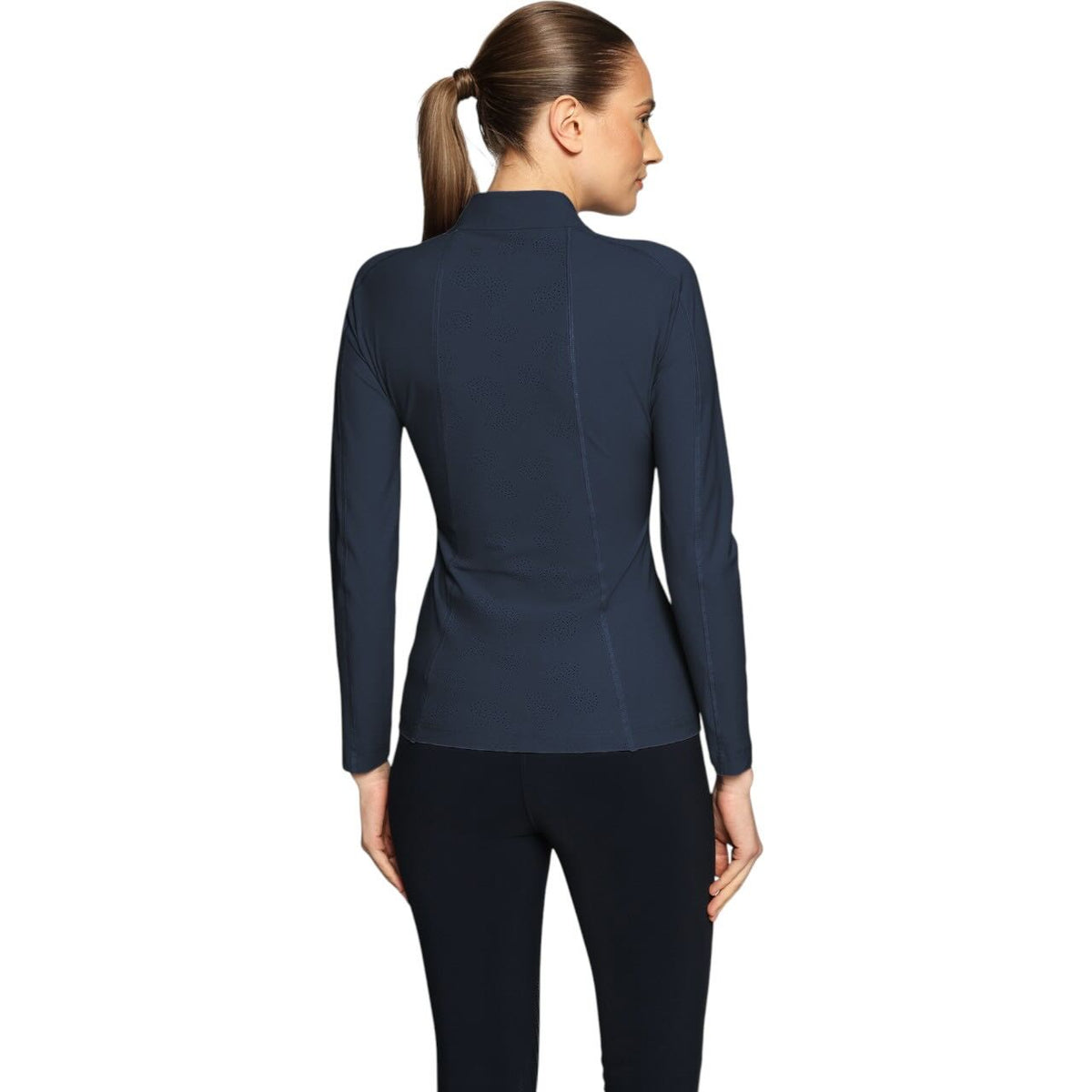 Samshield Trainingsjacke Damen Evelya FS 2026 Zip-Jacke, dunkelblau, Rückansicht an Frau getragen.