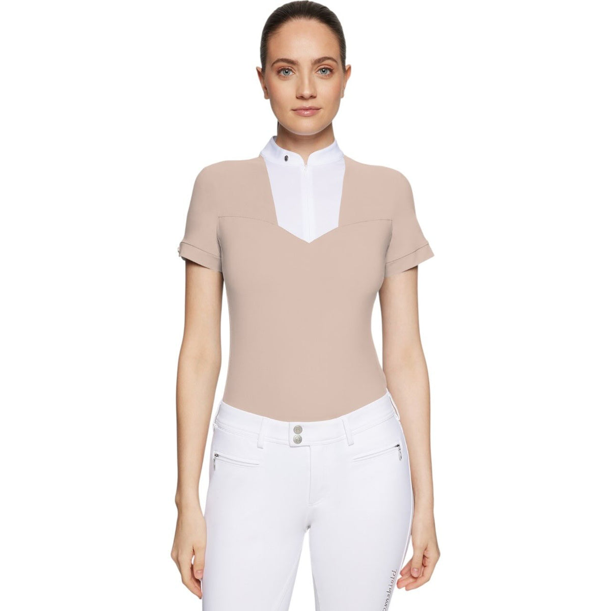 Samshield Turniershirt Damen Anne-Gaelle FS 2026 Shirt, Powder Pink, Frau trägt es frontal.