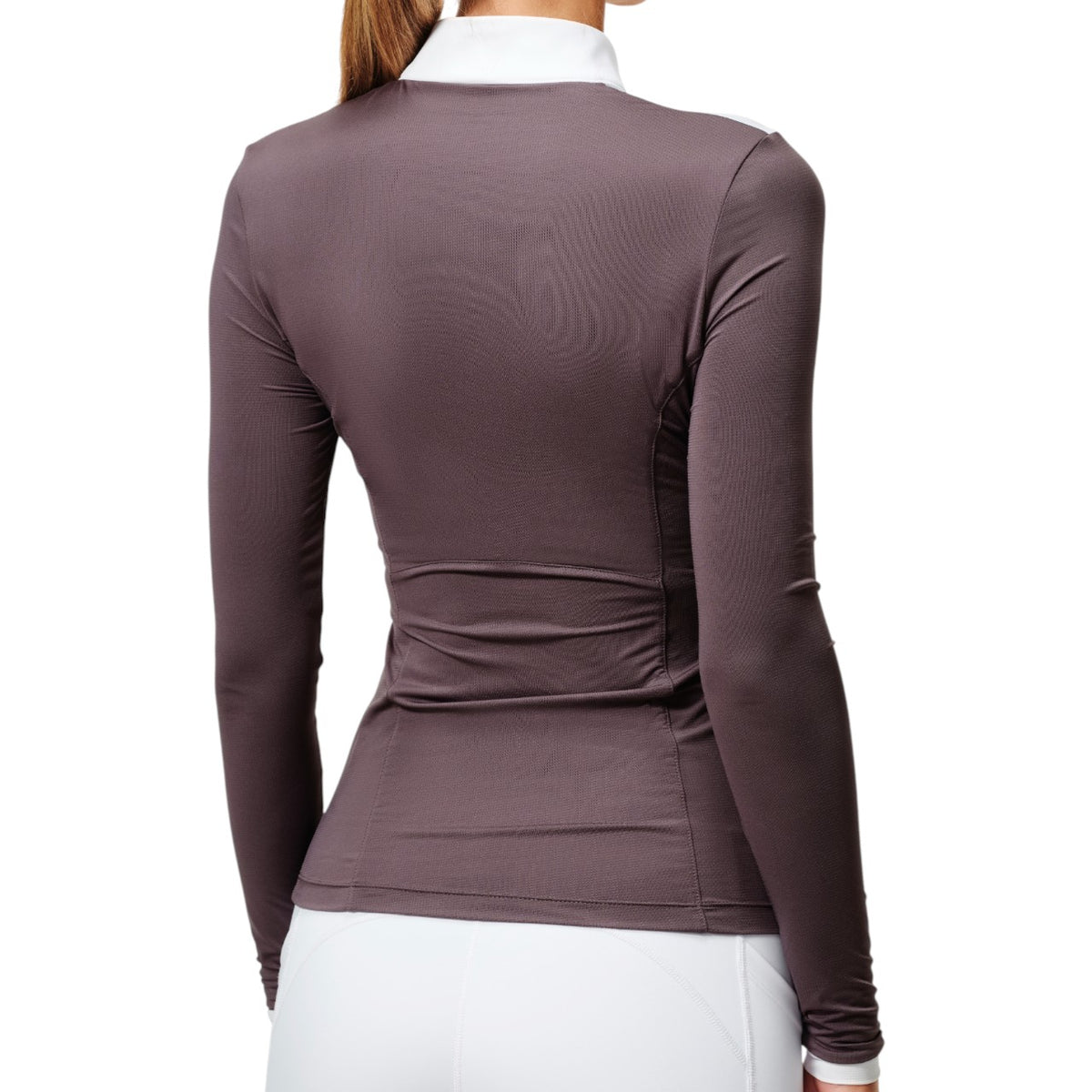 Turniershirt Damen Langarm Fine Line White Dark Violet Longsleeve, Dark Violet, Person trägt das Shirt von hinten.
