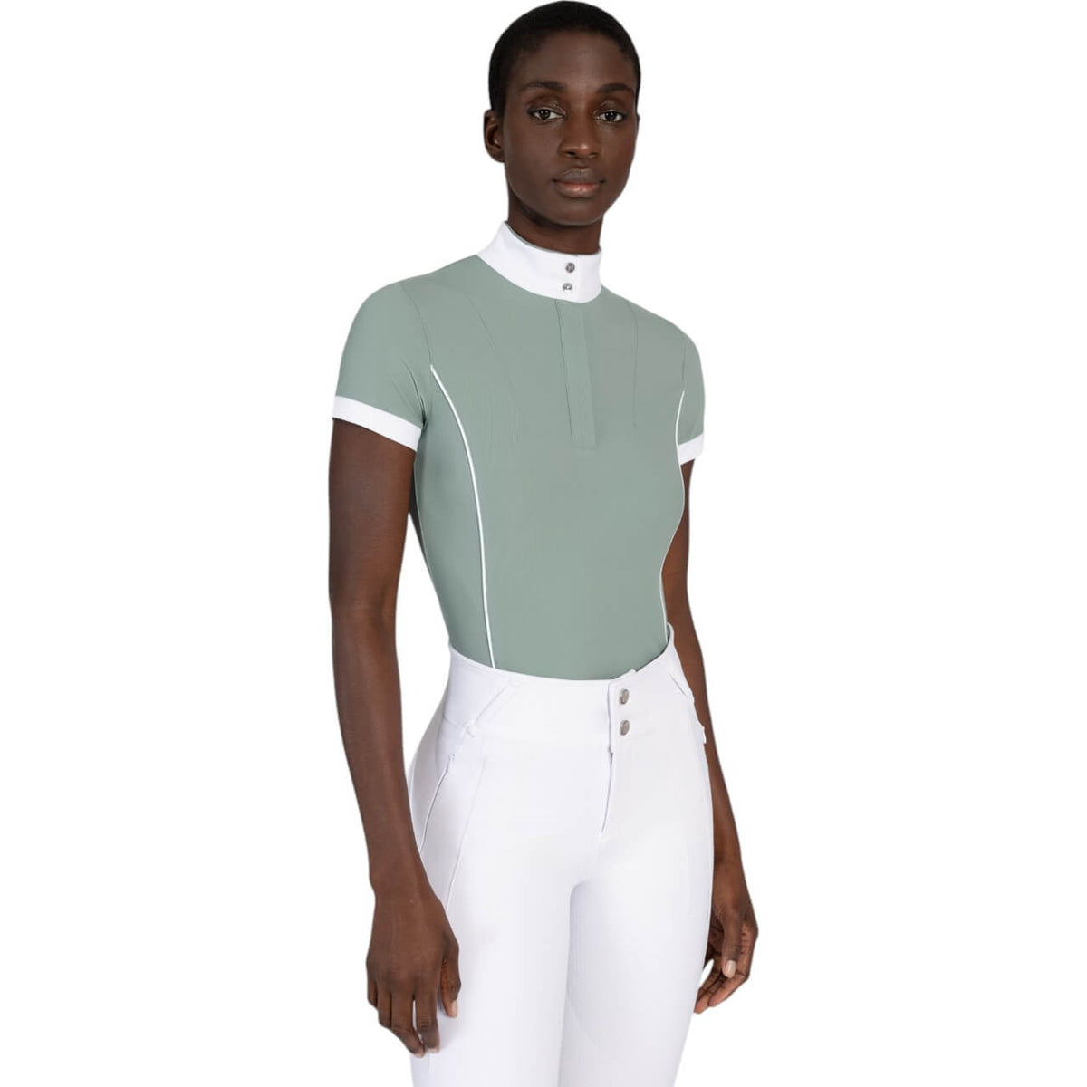 Turniershirt Damen Kurzarm Nova Competition Collection Shirt, sage, an Model getragen.