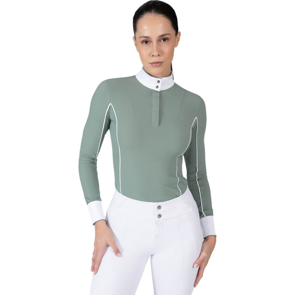 Turniershirt Damen Langarm Nova Competition Collection Longsleeve, Mint, von einer Frau getragen.