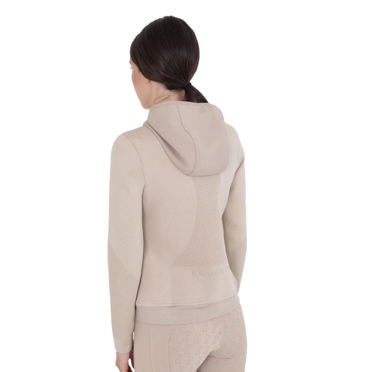 Zip-Hoodie Damen FS 2026 Kapuzenjacke, Beige, von hinten an einer Person getragen.