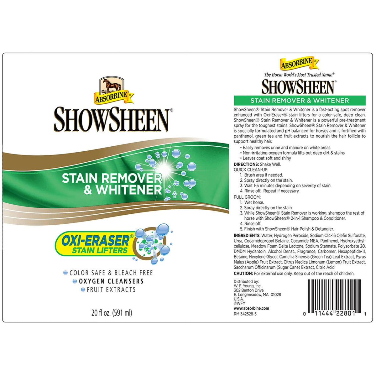 Absorbine Pflegemittel ShowSheen Stain Remover Fleckenentferner Fellpflege, 591 ml, Produktverpackung.