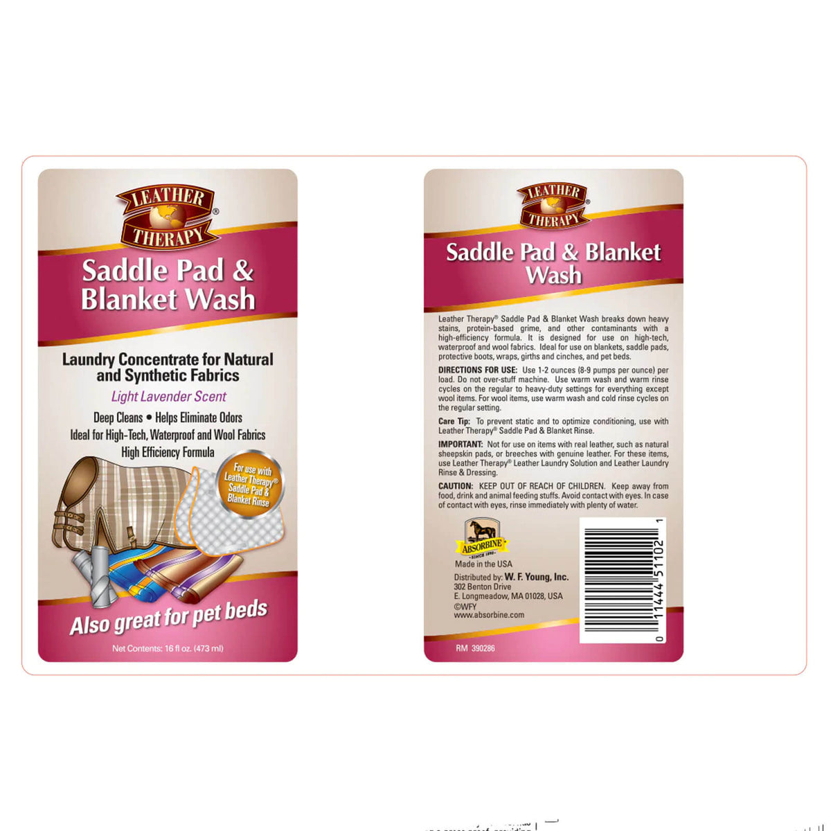 Absorbine Deckenwaschmittel Schabrackenwaschmittel Leather Therapy®, Produktverpackung vorne und hinten.