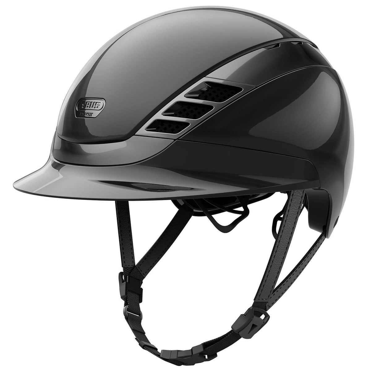 ABUS Pikeur Reithelm Air Luxe Chrome, Chrome-Gunmetal, Produkt allein auf weißem Hintergrund.