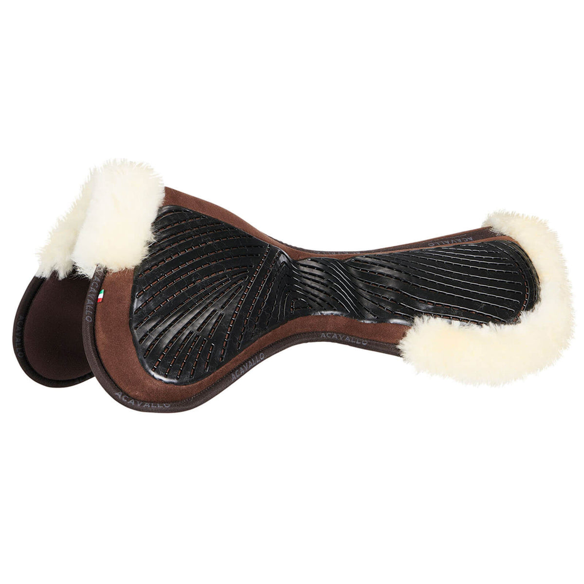 Acavallo Close Contact Gel & Memory Foam Halfpad Lammfell, Braun/Natur, Produkt allein auf weißem Hintergrund.