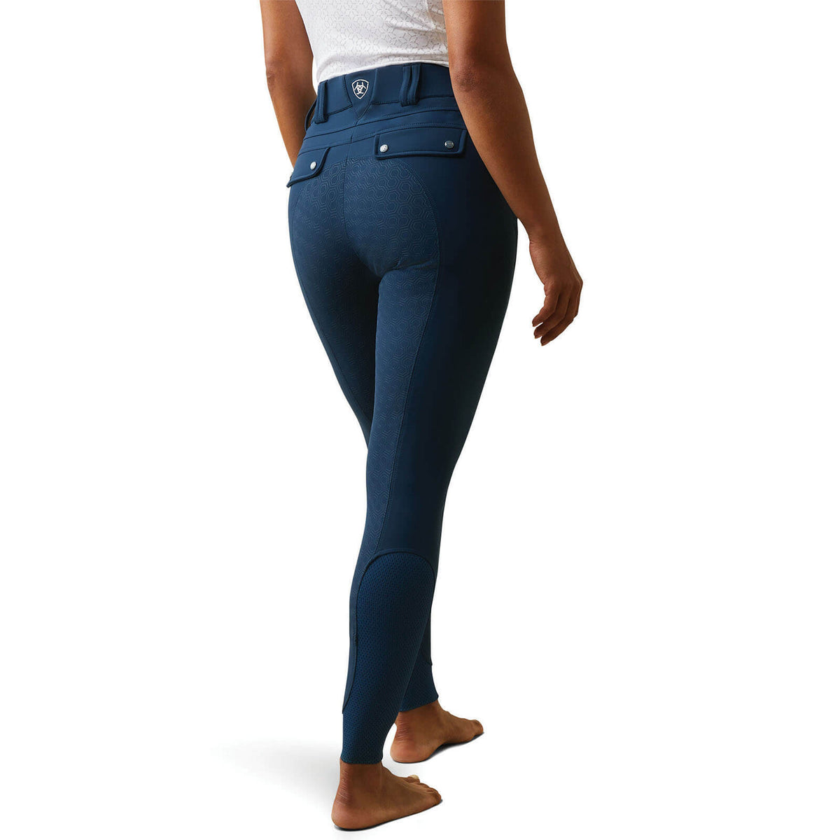 Ariat Reithose Damen Full-Grip Tri Factor Damenreithose, Deep Petroleum, Person trägt die Reithose von hinten.