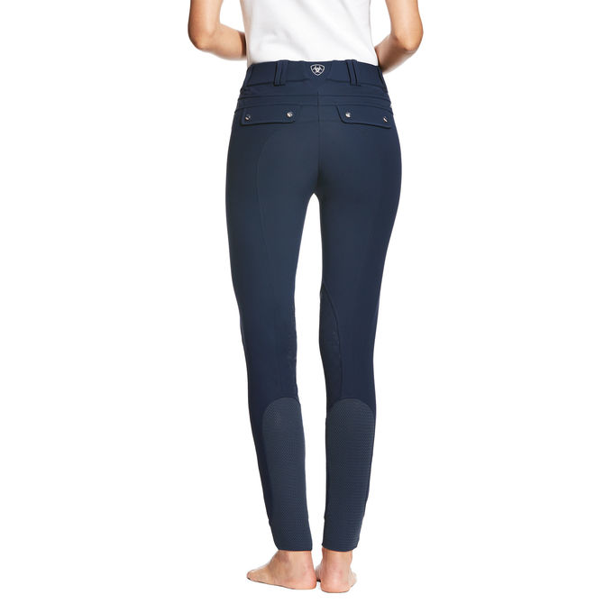 Reithose Damen Tri Factor Knee Grip Classic Kniebesatz Damenreithose, Navy, Frau trägt die Hose von hinten.