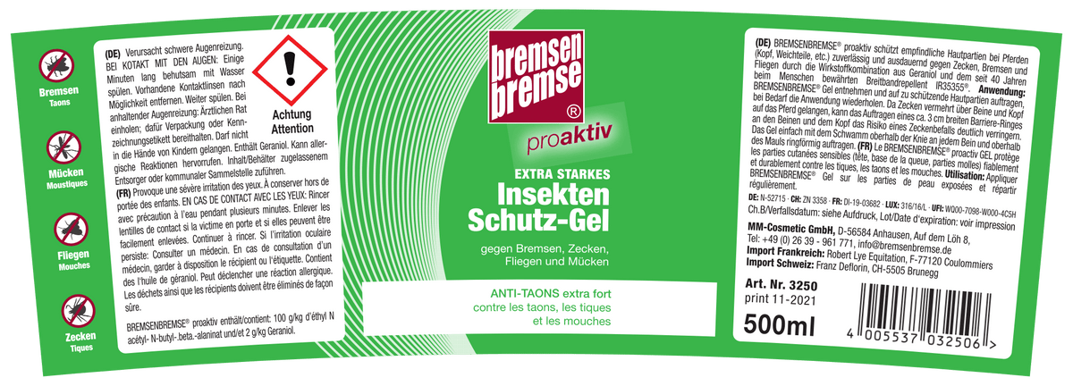 BREMSENBREMSE Insektenschutz Gel proaktiv, grün, Produktverpackung mit Warnhinweisen und 500 ml.