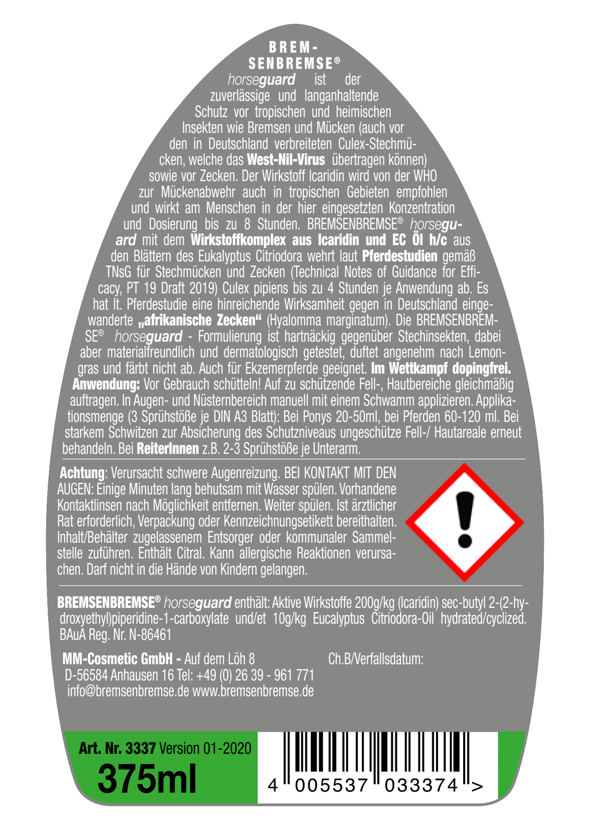 BREMSENBREMSE Insektenschutz Horseguard Insektenspray Fliegenspray, 375 ml, Produkt allein auf weißem Hintergrund.
