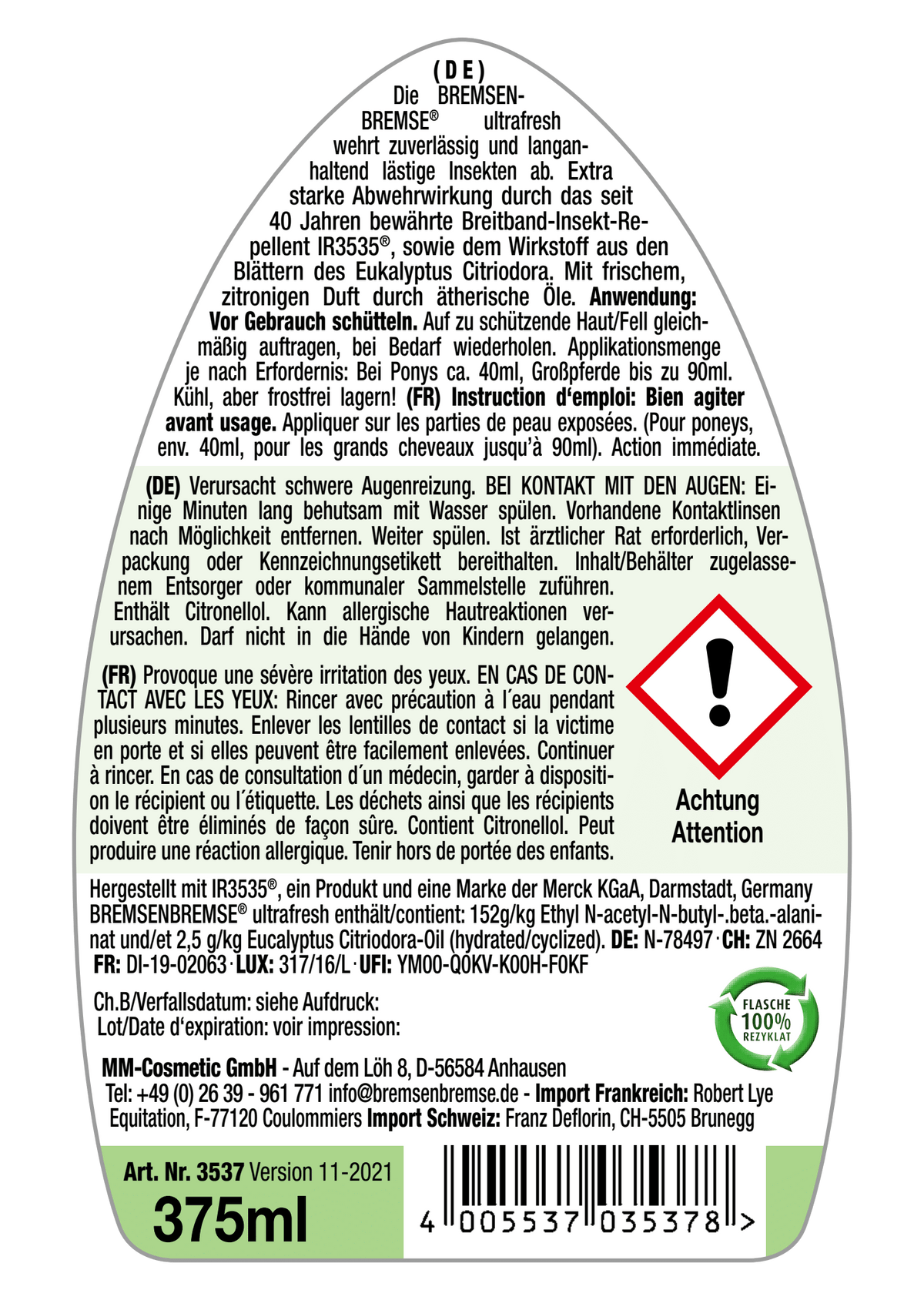 BREMSENBREMSE Insektenschutz - ultrafresh -, 375 ml, Produktetikett mit Warnhinweis und Angaben.