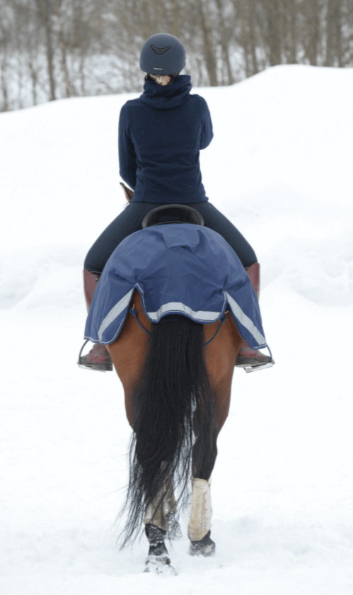 Bucas Ausreitdecke Riding Rug, Blau, Reiterin auf Pferd im Schnee.