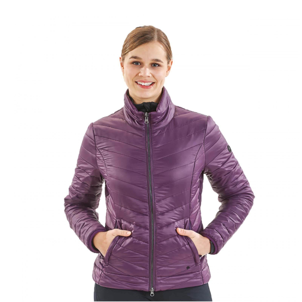 Jacke Camery 3 in 1 Plus Damen-Langjacke Wintermantel, Violett, an Frau getragen.