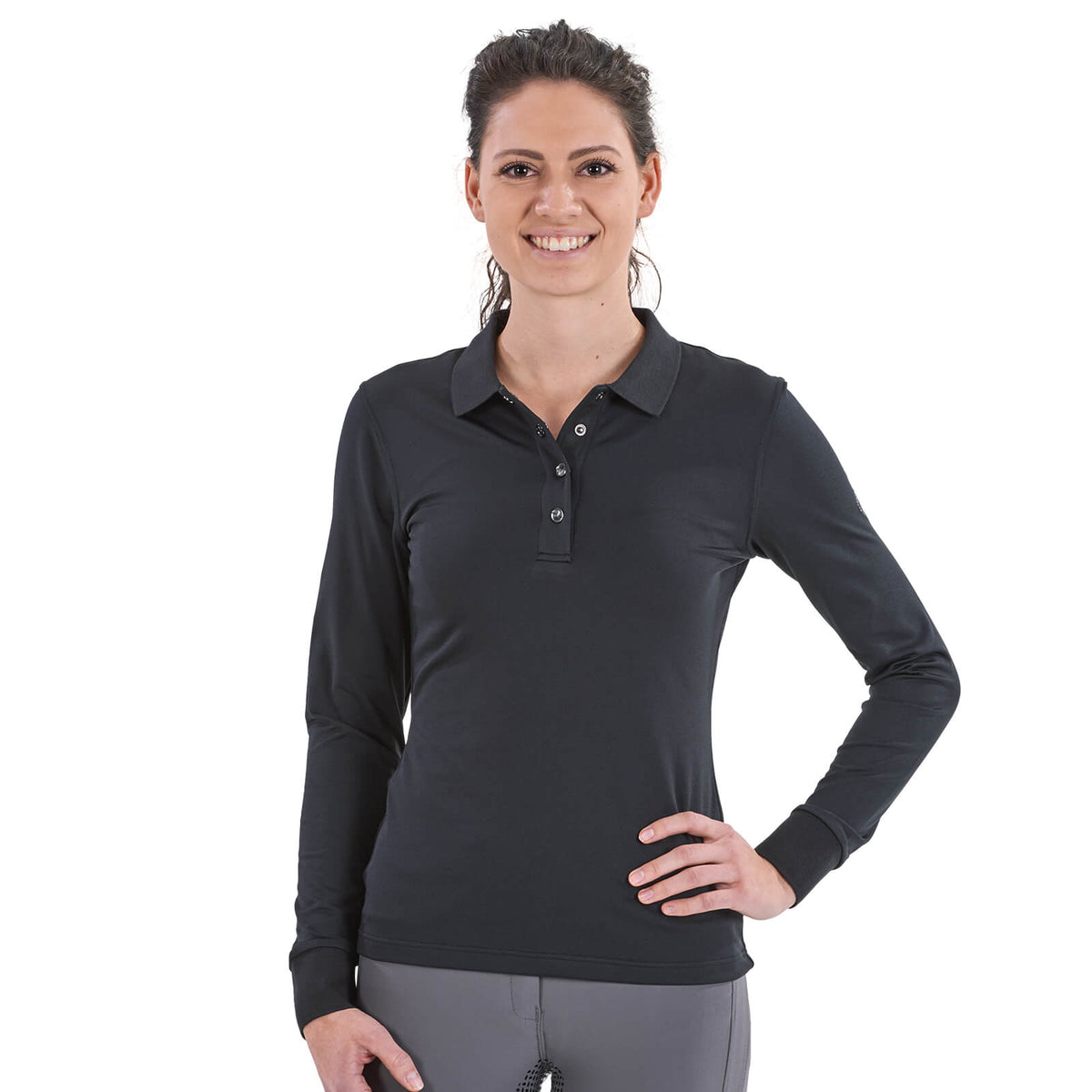 Polo-Shirt Damen Deloran Tech H/W 2022, Schwarz, an Frau getragen.