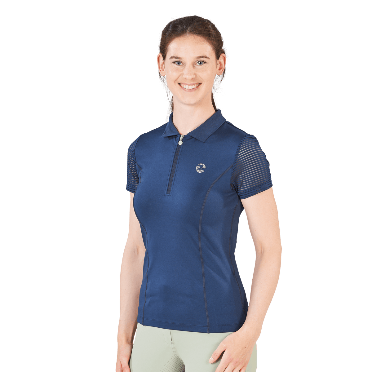 Poloshirt Damen Darlene FS 2022 leichtes Reitshirt, Navy, an einer Frau getragen.