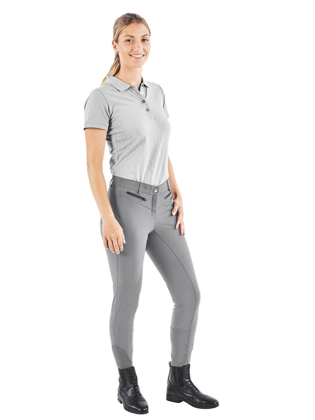 Reithose Damen Zarina Vollbesatz Damenreithose, Grau, an Frau getragen.