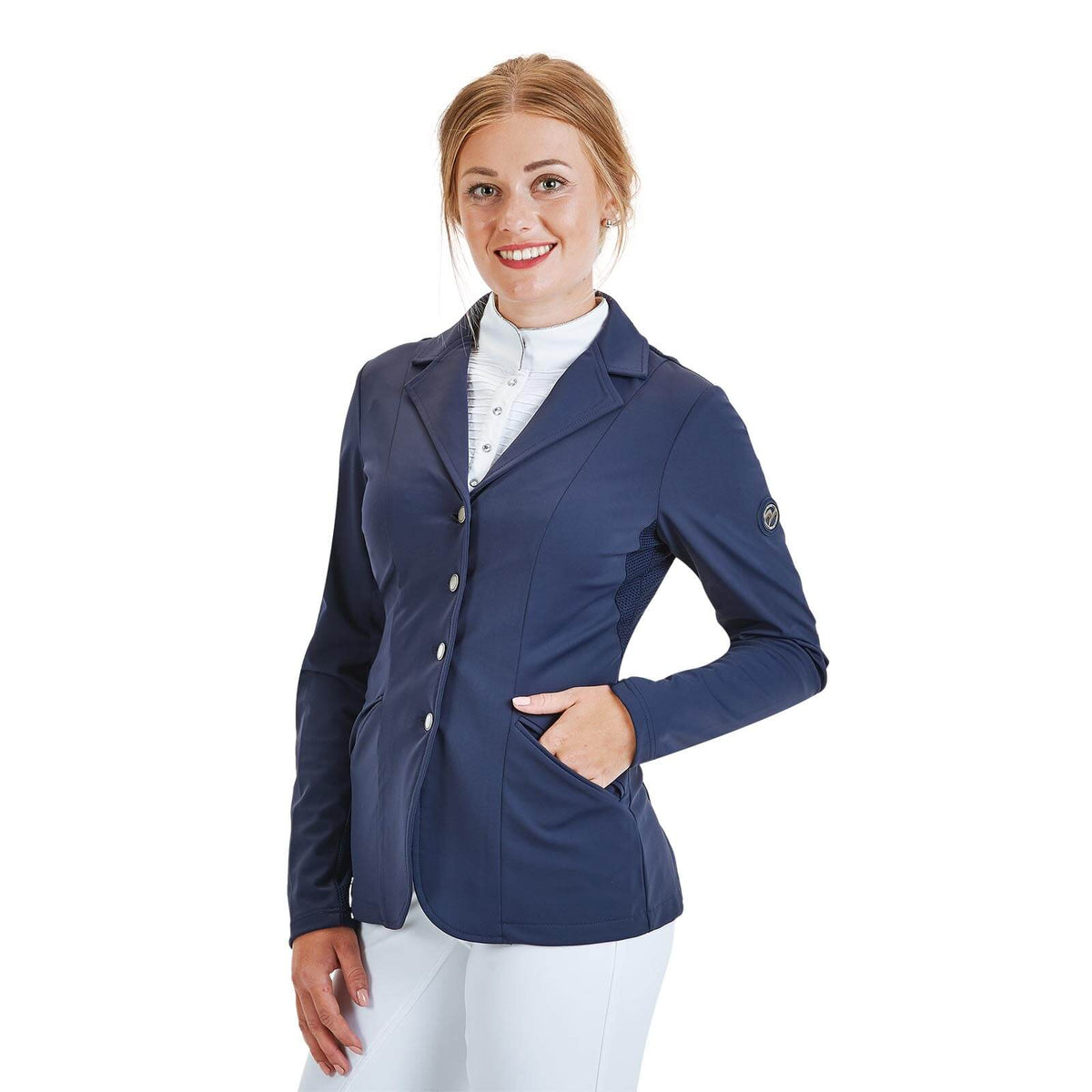 Turnier-Sakko Florenz Damen Reitjacket, Navy, an Reiterin getragen.
