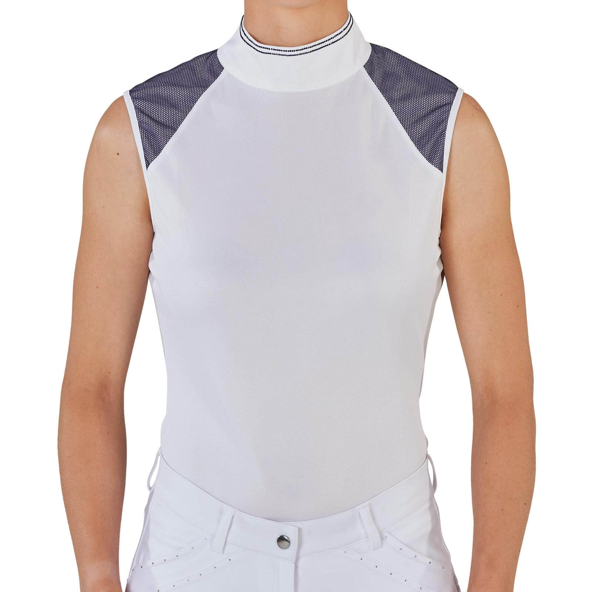 Turnier-Shirt Damen Ärmellos Salea, Weiß (Navy), Person trägt das Shirt.