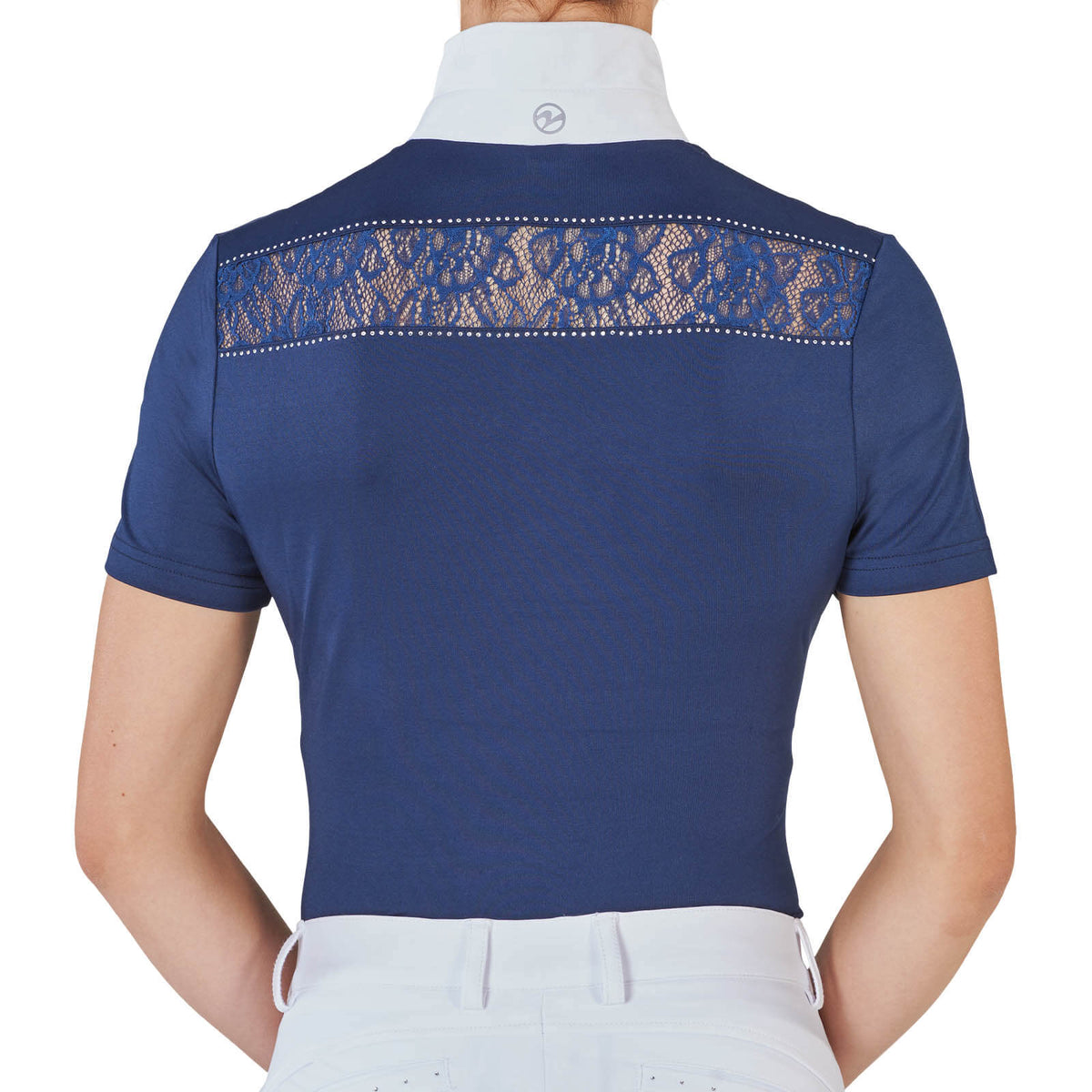 Turnier-Shirt Damen Kurzarm Amora, Navy, Rückansicht mit Spitzeneinsatz und Strassdetails.