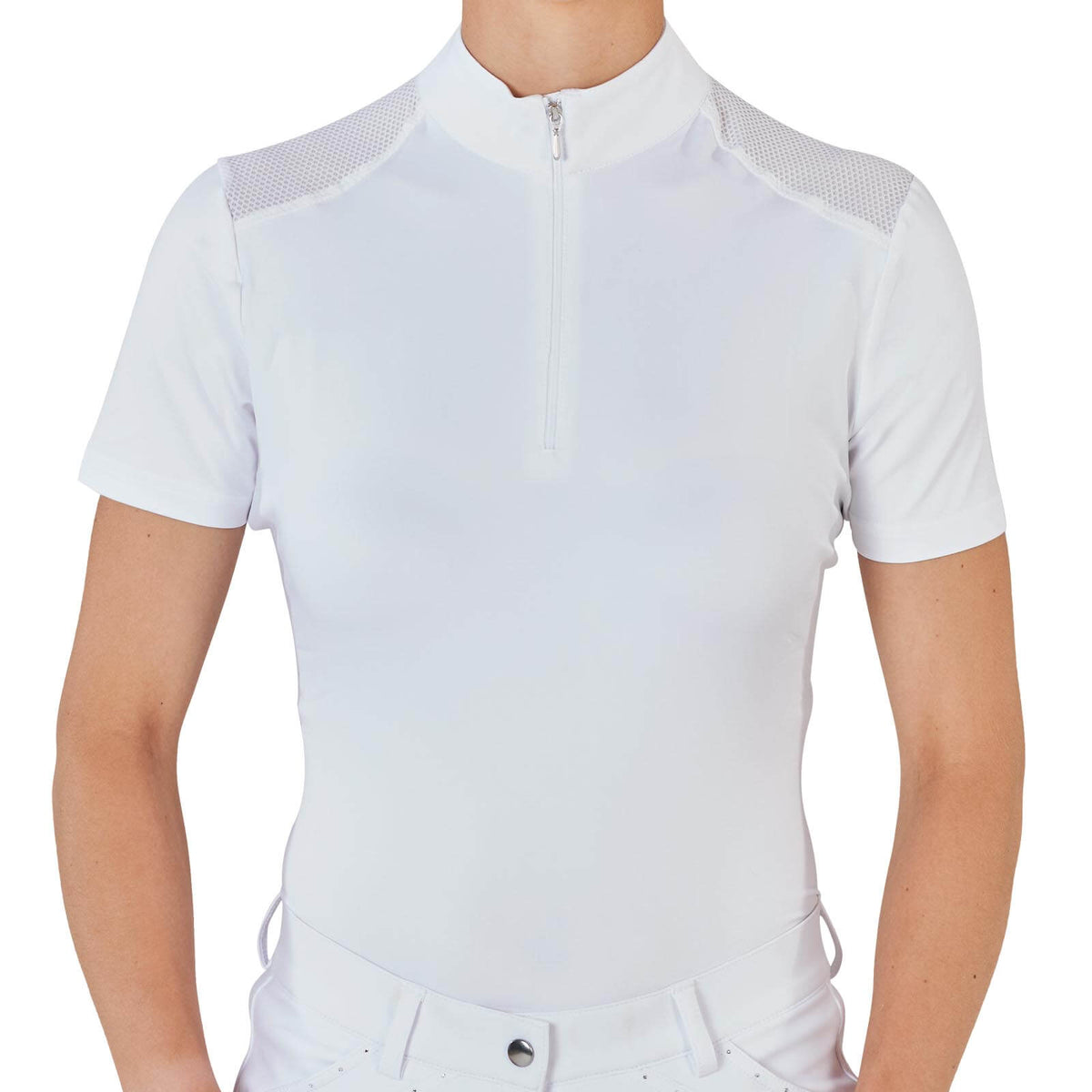 Turnier-Shirt Damen Kurzarm Zamora, Weiß, Person trägt das Shirt.