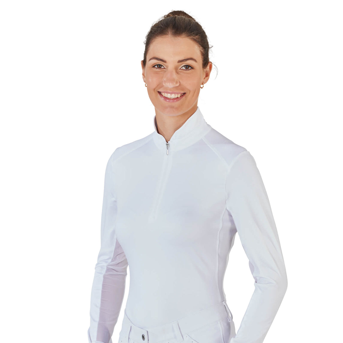 Turnier-Shirt Damen Langarm Marbella, Weiß, Frau trägt das Shirt mit Reißverschluss.
