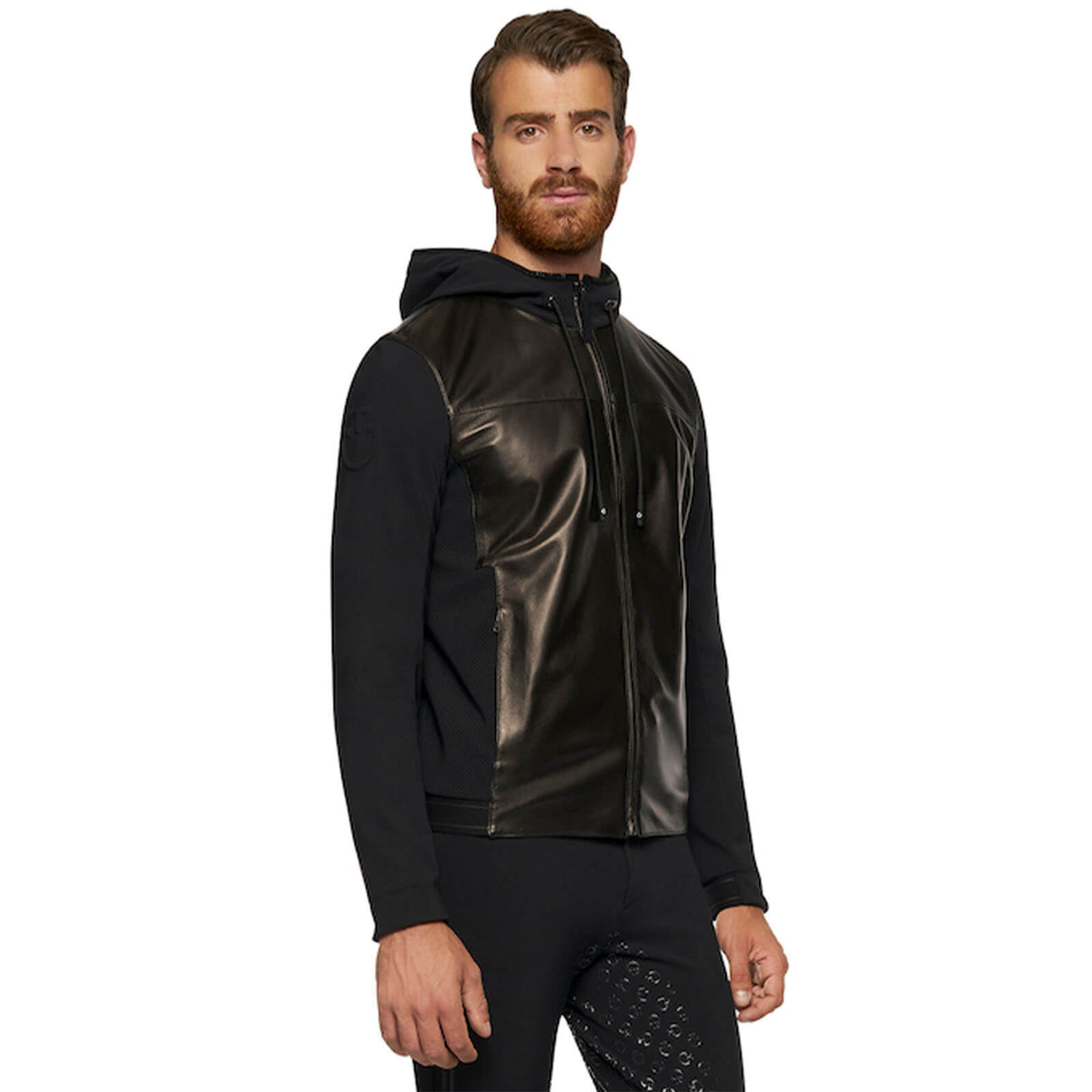 Cavalleria Toscana Jacke Herren Hooded Leather Zip w/ Jersey Inserts FS 2022 Lederjacke, Schwarz, Modell trägt die Jacke.