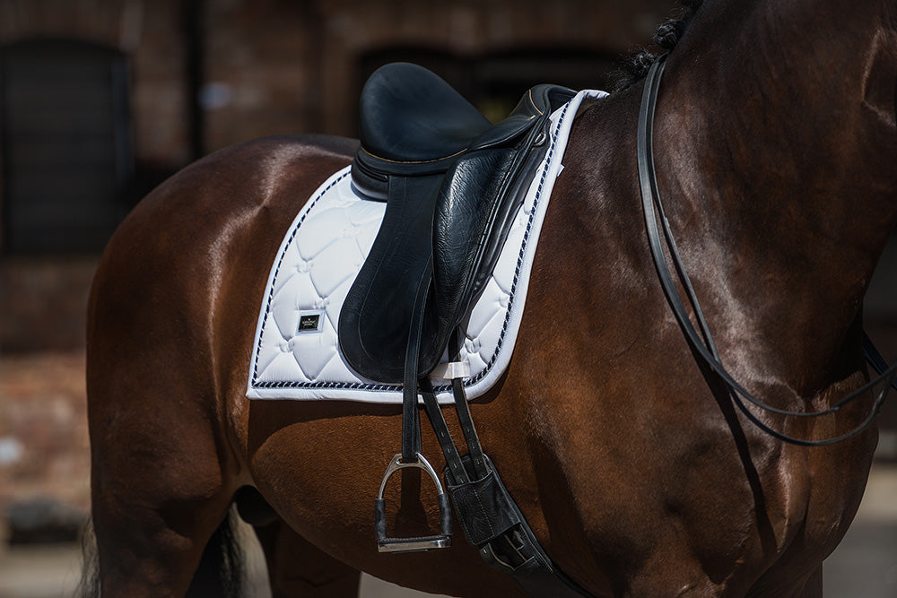 Equestrian Stockholm Dressurschabracke White Perfection, Weiß, Pferd mit Sattel in der Reithalle.