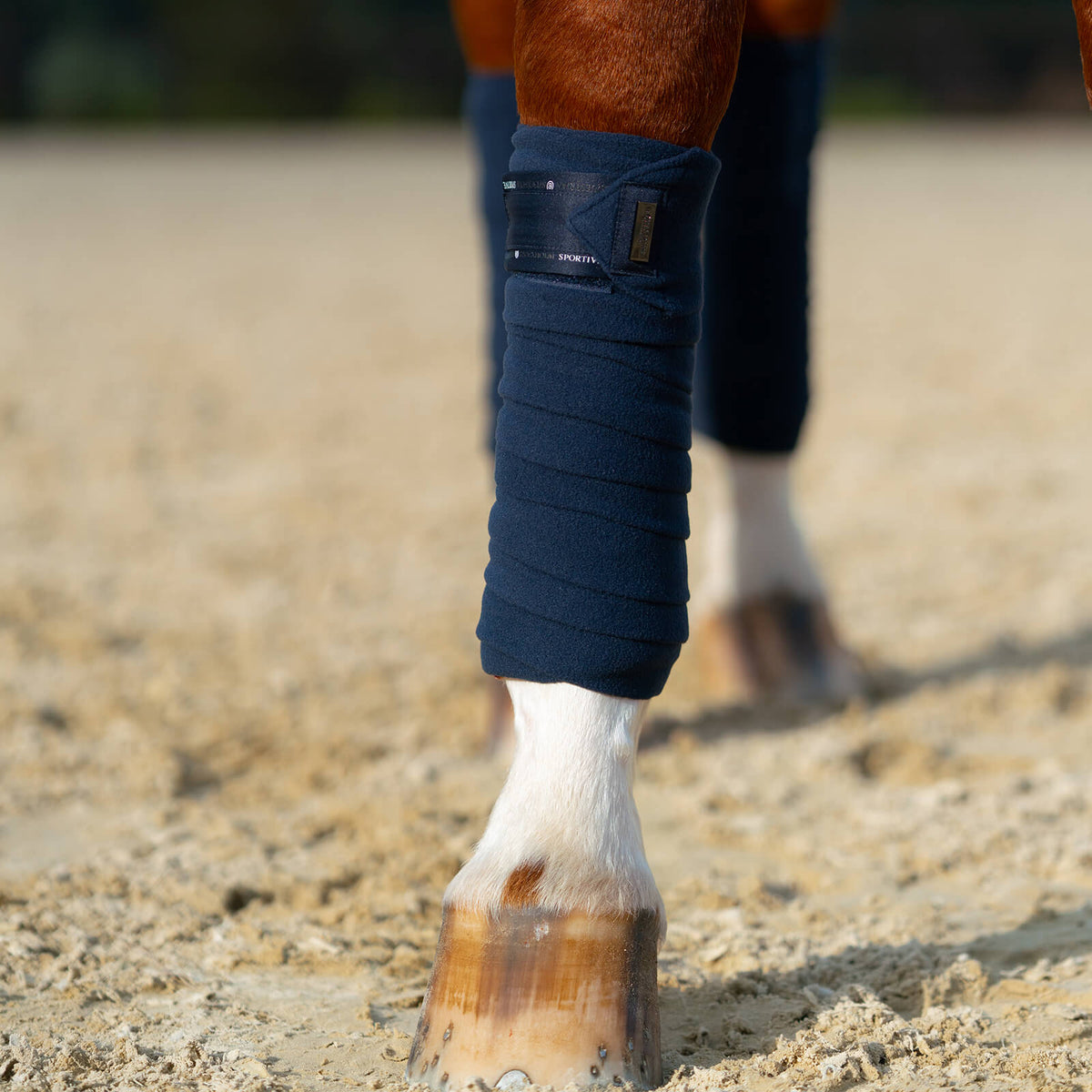 Fleecebandagen Sportive Navy FS 2022, Navy, am Pferdebein im Sandplatz.