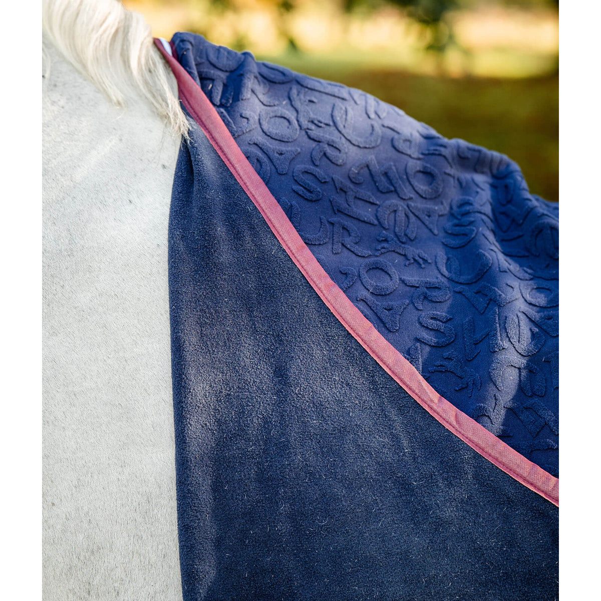 Horseware Ireland Abschwitzdecke Embossed Jersey Cooler Fleecedecke, Midsummer Blue, Pferd trägt die Decke.