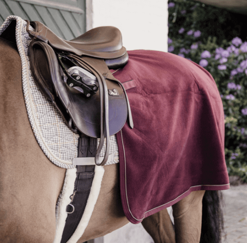 Ausreitdecke Quadrat Heavy Fleece Fleecedecke, Bordeaux, auf gesatteltem Pferd.
