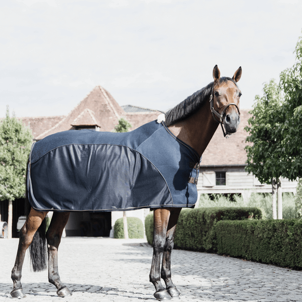 Kentucky Horsewear Fliegen-Kombi Abschwitzdecke, Marine, Pferd trägt die Decke im Hof.